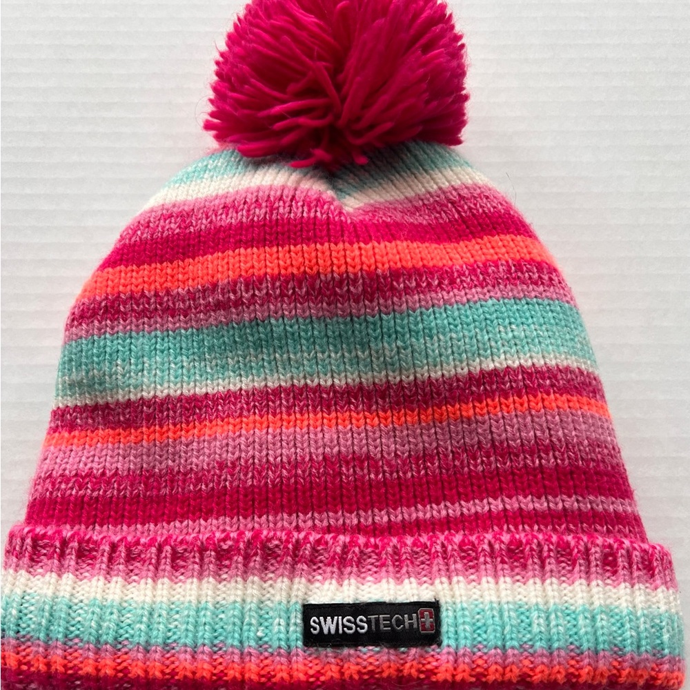 Swiss Tech OSFM Multicolor Striped Pom-Pom Beanie
